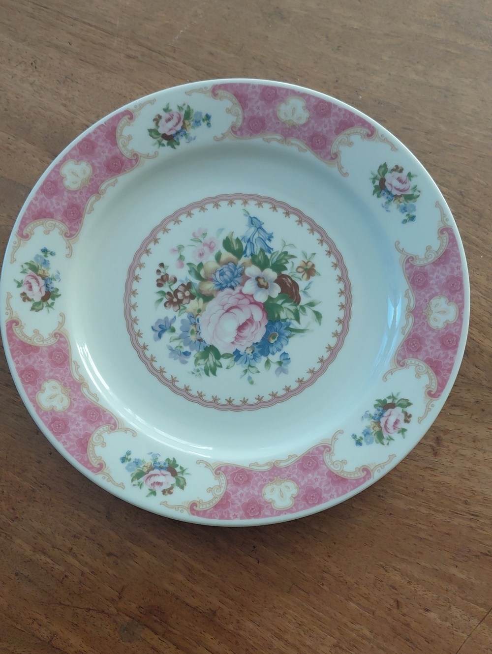 Gibson Pink Floral Porcelain Dinner Plate with Gold Accents